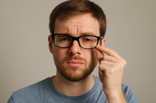 Hombre con gafas flojas que se caen, mostrando la necesidad de ajustarlas para mayor comodidad
