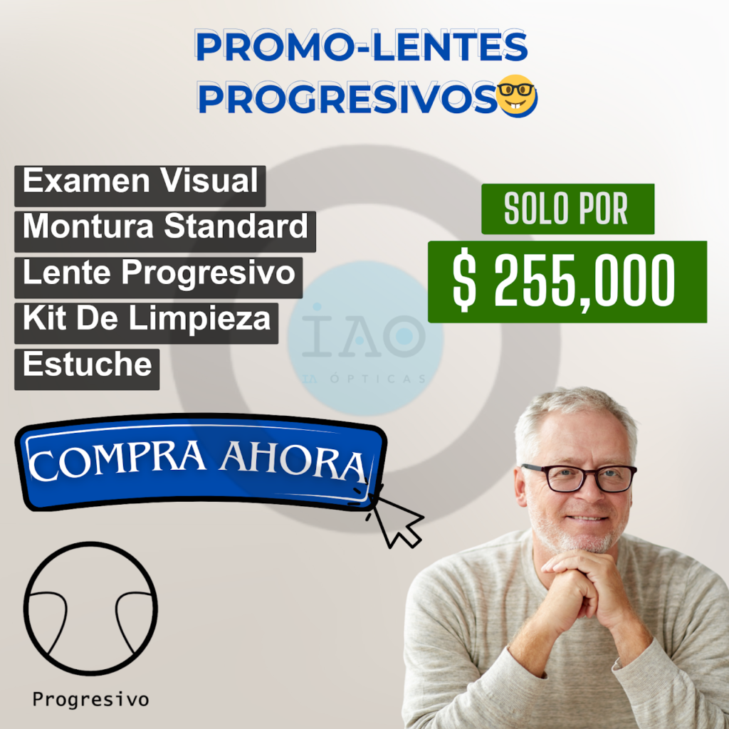 describe una oferta de unos lentes progresivos y montura montura economica. Hay un hombre maduro feliz con gafas