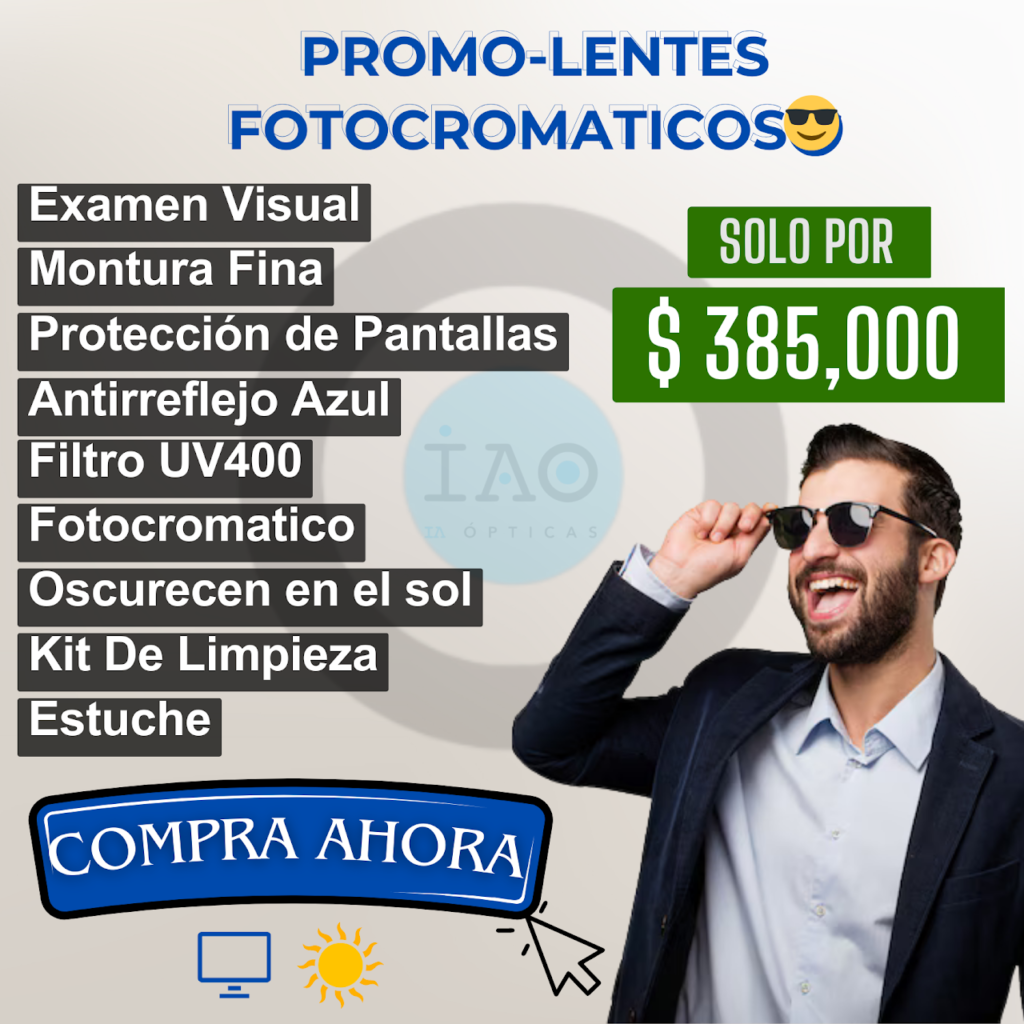 describe una oferta de unos lentes fotocromaticos con proteccion para pantallas y montura. Hay un hombre feliz acomodando sus gafas oscuras