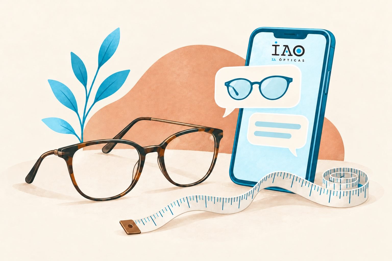 Ilustración de asesoría para elegir gafas con el logo de IA Ópticas