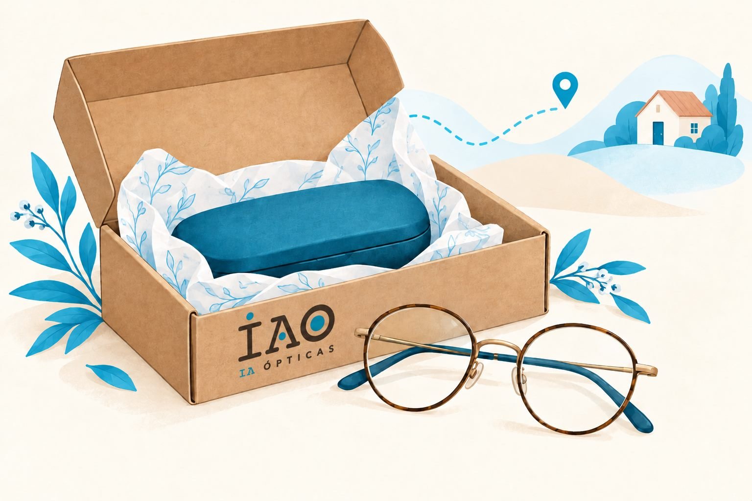 Ilustración de una caja para envío de gafas con el logo de IA Ópticas