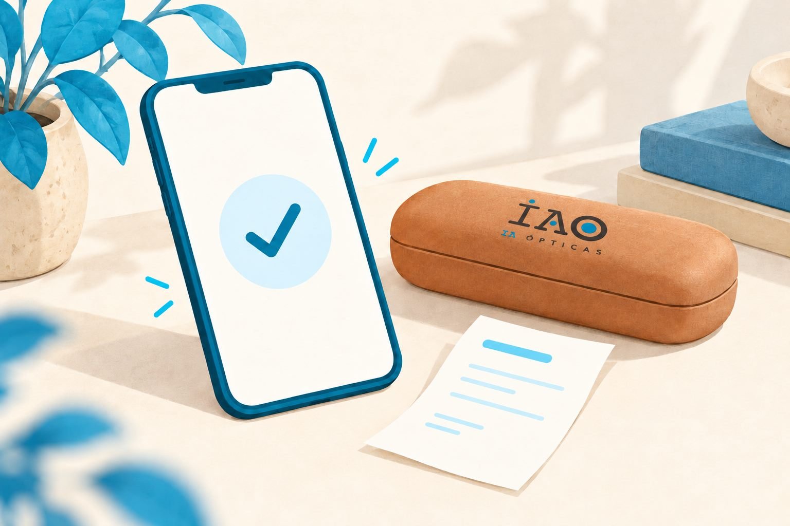 Ilustración de confirmación de compra y estuche con el logo de IA Ópticas